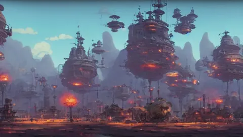 Downtown Battle Mountain with Steampunk Airships in a Studio Ghibli Aesthetic