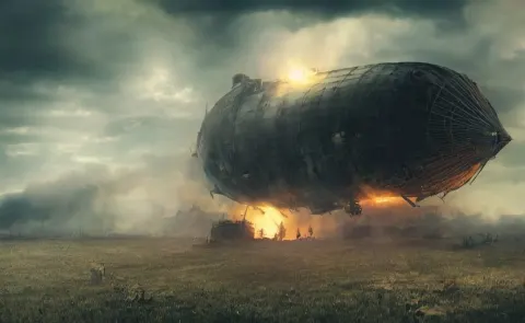 Immense Steampunk Airship Crashed and Burning in a Field