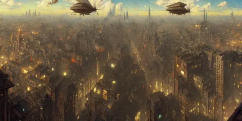Steampunk Airship Above a Busy City