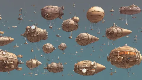 Illustrative Art of Various Small Steampunk Airships Flying Around the City