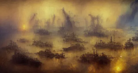 Steampunk Mech Robot Airships Fleet Before Battle