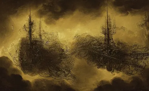 Alchemy Steampunk of a Fleet Airships Before Battle
