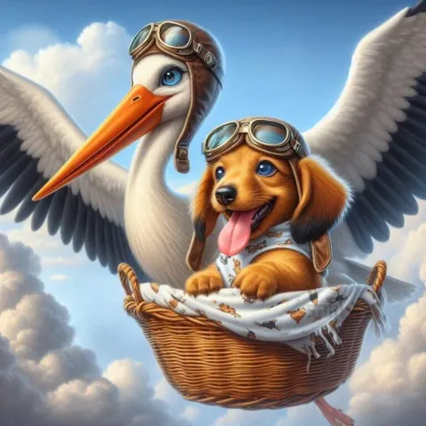 Stork with Dachshund in Aviator Glasses