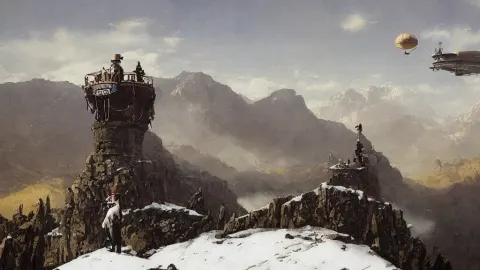 1920's Steampunk Airship Passing Through a Valley