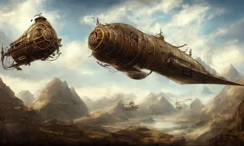 Steampunk Airship over Mountains