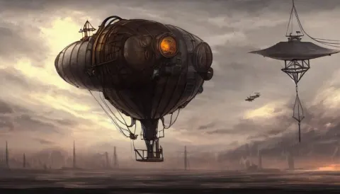 Concept Art of a Steampunk Airship Exiting It's Hanger to Sail Away in the Morning Sky