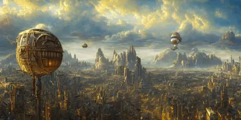 Balanced Masterpiece Steampunk Airship Above a Busy City