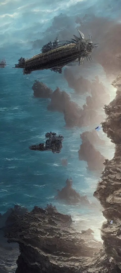 Giant Steampunk Airship Flying Across a Deserted Black Beach
