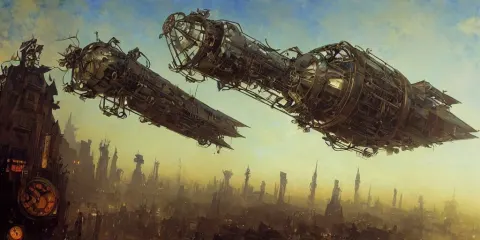 Steampunk Airship Emerges over the Horizon of a Bladerunner City