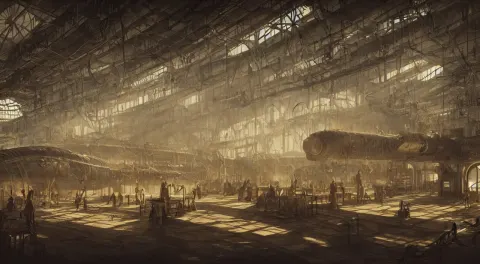 Realist Illustration Inside an Airship Factory