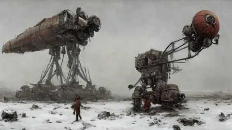 1920's Broken Down Bipedal Walker Mech in the Snowy Tundra