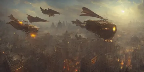 James Paick a Steampunk Airship Hovers over the City
