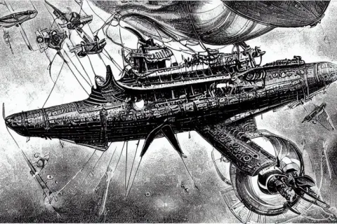 Detailed Drawing of a Steampunk Spelljammer Flying Airship