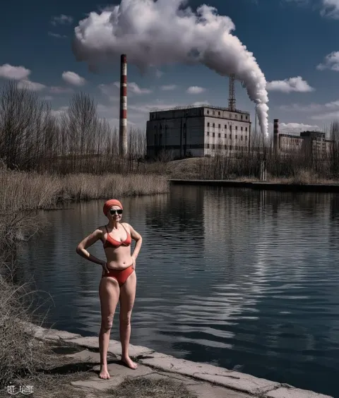 Riverfront industrial buildings Prypiat Ukrainian Woman