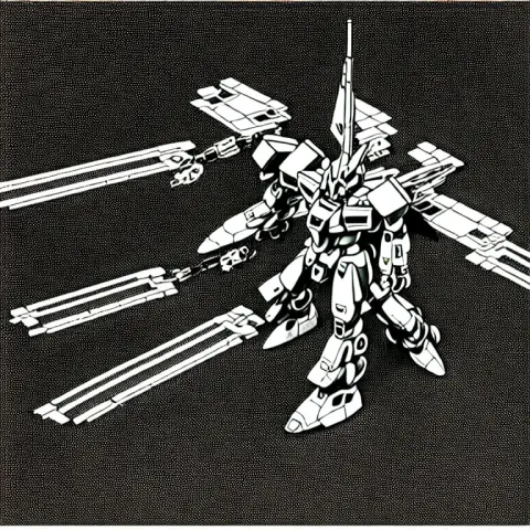 Black and White Drawing of Gundam Mech Equipment Space Station