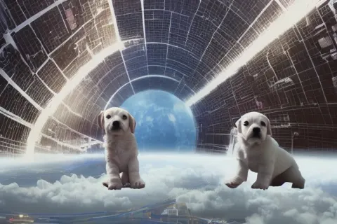 Puppy Looking in Awe at a Huge City in a Massive Cylindrical Space Station
