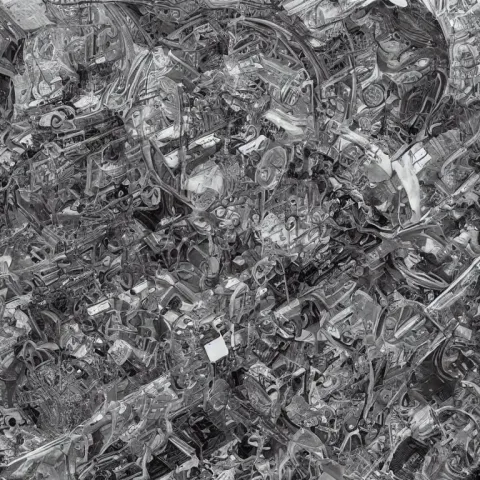 Black and White Drawing of a Chrome Intrernational Space Station Filled with Equipment