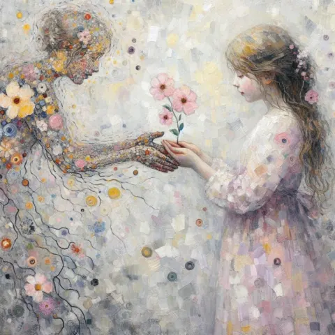 Girls Touching with Blooming Flowers