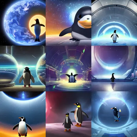 Magical Penguin in a Space Station Looking at the Earth