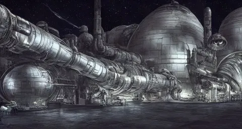Dark Exterior Landscape Shot of Jabbas Pallace with Bright City Lights