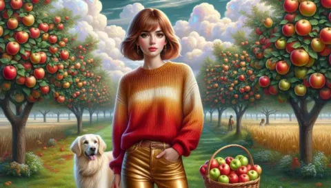 Woman and Dog in Apple Grove Painting