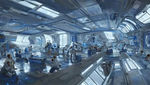 Human Space Station with Blue Lights