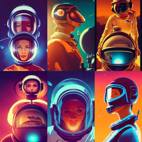 Retrofuturistic Poster of Woman in Astronaut Helmet