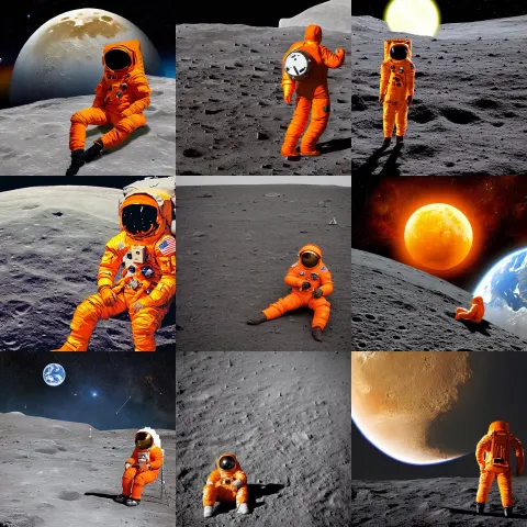 Man Wearing an Orange Astronaut Suit Sitting on the Moon's Surface