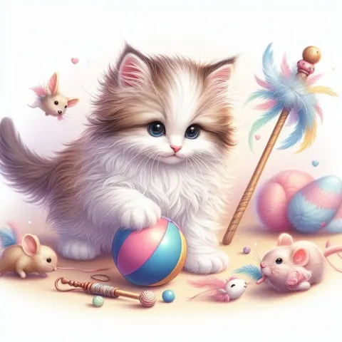 Playful Kitten with Toys Illustration