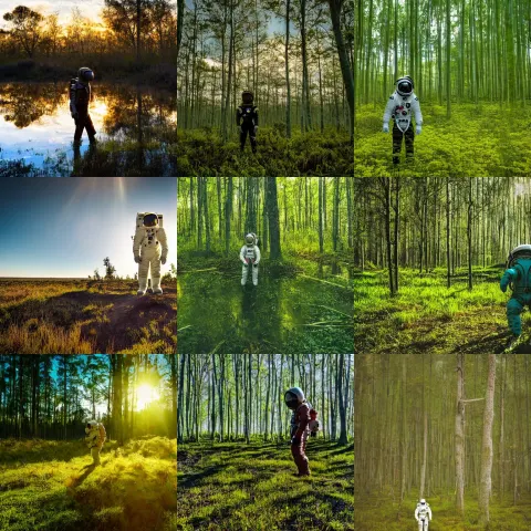 Astronaut Exploring a Green Swamp in an Alien Planet at Golden Hour