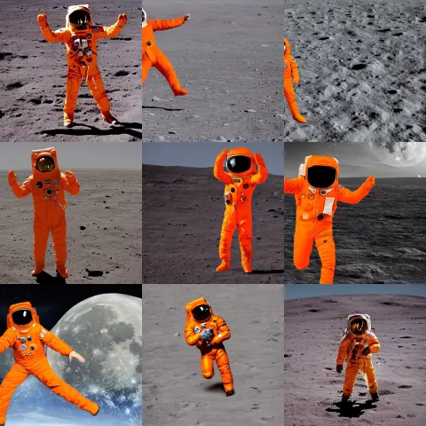 Man Wearing an Orange Astronaut Suit Dancing on the Moon's Surface