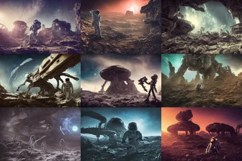 Photograph of an Astronaut Exploring an Abandoned Fallen Planet with Alien Skeletal Ruins