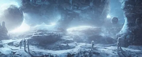 Lone Astronaut Exploring Outer Digital Cybernetic Planet Covered with Ice