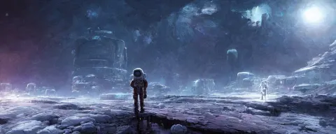 Lone Astronaut Exploring Outer Cybernetic Planet Covered with Ice