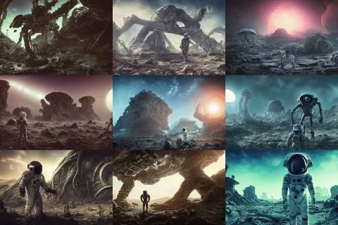 Photograph of an Astronaut Exploring an Abandoned Alien Planet with Alien Skeletal Ruins