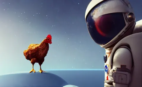 Chicken Wearing a Astronaut Suit in a Alien Planet