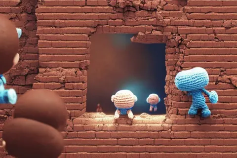 Expedition of Crochet Cute Astronauts Discovering a Hole of a Brick Wall