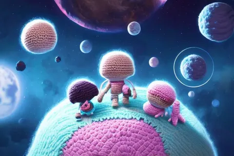 Expedition of Crochet Cute Astronauts Discovering a New Fluffy Planet Made Out of Yarn