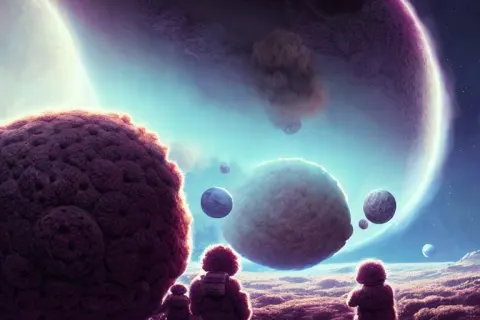 Expedition of Astronauts Discovering a New Fluffy Planet Made Out of Yarn