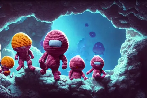 Expedition of Crochet Astronauts Discovering a Mysterious Cave Underwater