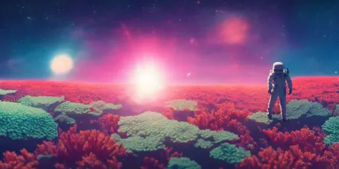 Astronaut Walks in a Field of Colorful Corals on the Surface of a Far Away Planet