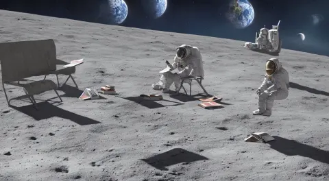 Hyper Realistic Matte Painting of Astronaut on the Moon Sitting on Concrete Bench