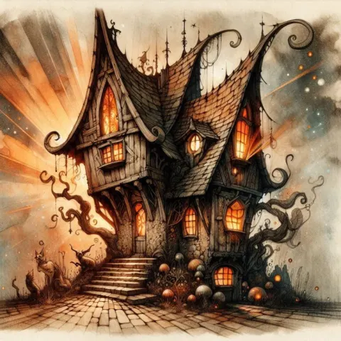 Surreal Gothic House with Orange Light