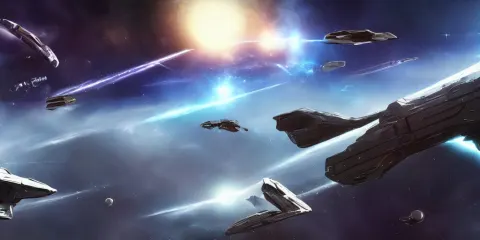 Spaceship Battle Panorama in Space Galaxies and Nebula in Background