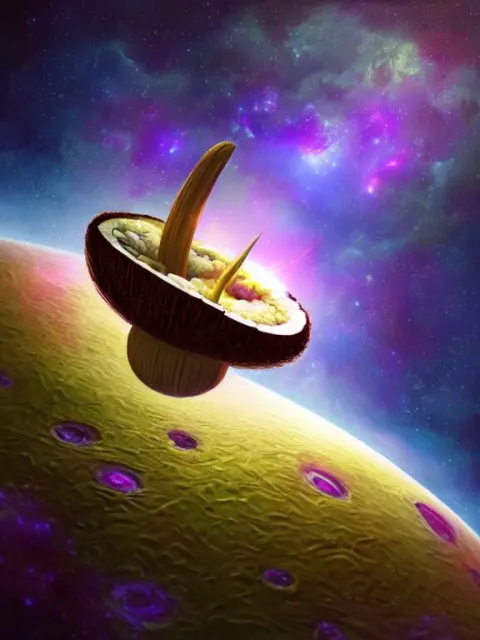 Round Coconut Spacerocket in Beautiful Vanilla Orchids Flowers Galaxy Cosmic Nebula