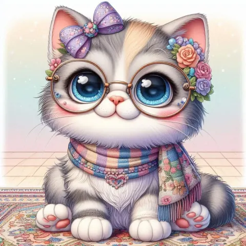 Colorful Cat with Glasses on Rug