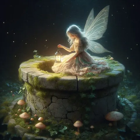 Delicate Fairy on Mossy Well Illustration