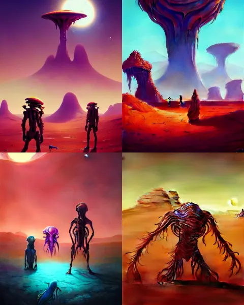 Vibrant Alien Creatures in a Desert Landscape