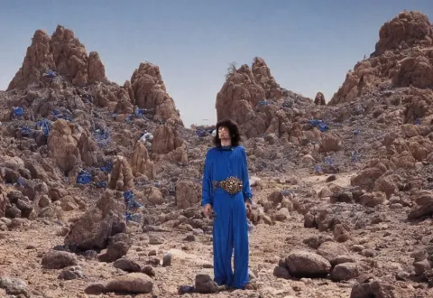 Mick Jagger Dressed in Blue Costume with Many Jewels in a Dry Rocky Desert Landscape