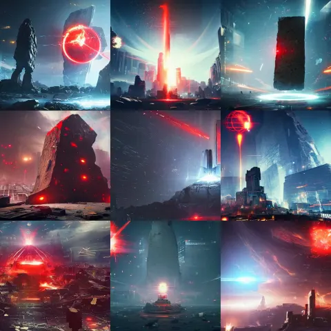 Huge Towering and Broken Stone Tablet with Red Light + Alien Pattern
